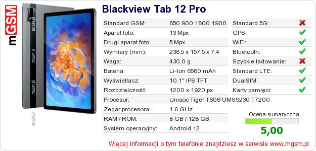 Dane telefonu Blackview Tab 12 Pro Dane telefonu Blackview Tab 12 Pro