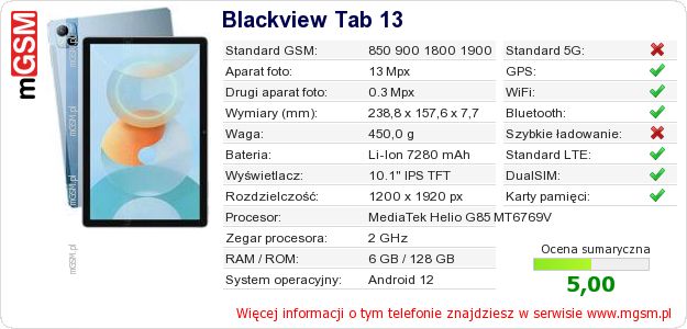 Dane telefonu Blackview Tab 13