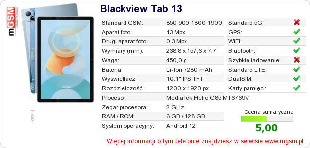 Dane telefonu Blackview Tab 13