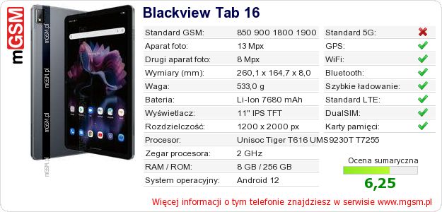Dane telefonu Blackview Tab 16
