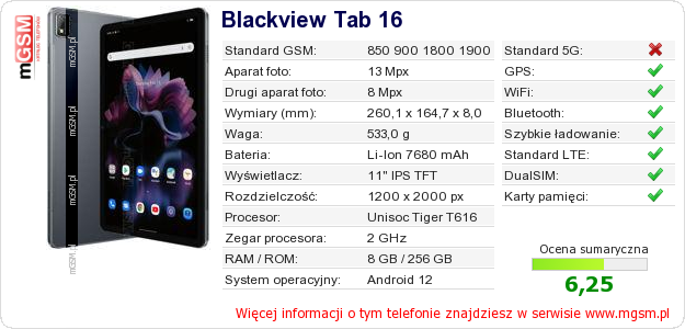 Dane telefonu Blackview Tab 16 Dane telefonu Blackview Tab 16