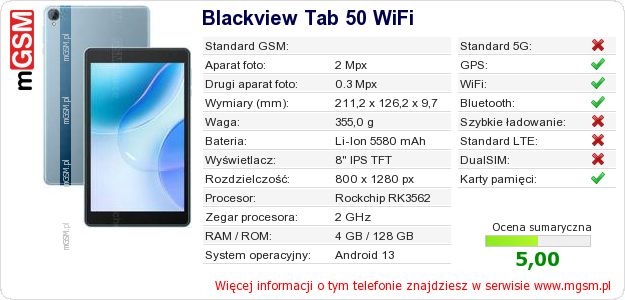 Dane telefonu Blackview Tab 50 WiFi