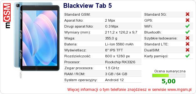 Dane telefonu Blackview Tab 5 Dane telefonu Blackview Tab 5