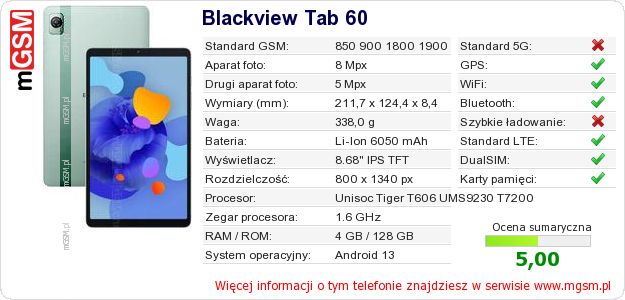 Dane telefonu Blackview Tab 60 Dane telefonu Blackview Tab 60
