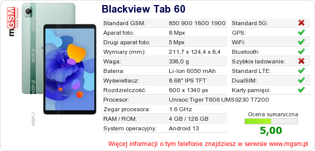Dane telefonu Blackview Tab 60 Dane telefonu Blackview Tab 60