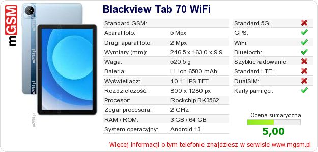 Dane telefonu Blackview Tab 70 WiFi Dane telefonu Blackview Tab 70 WiFi