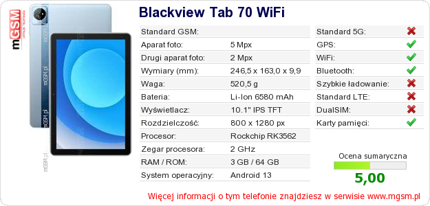 Dane telefonu Blackview Tab 70 WiFi