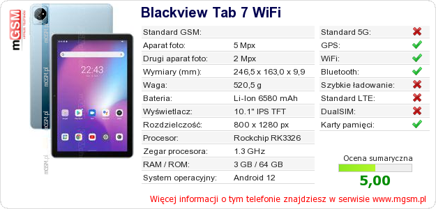 Dane telefonu Blackview Tab 7 WiFi