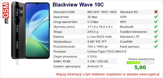 Dane telefonu Blackview Wave 10C
