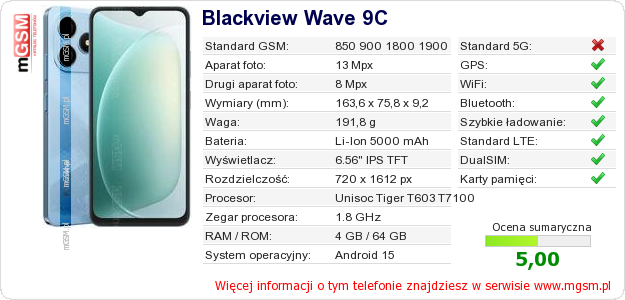Dane telefonu Blackview Wave 9C