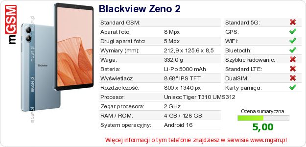 Dane telefonu Blackview Zeno 2 Dane telefonu Blackview Zeno 2