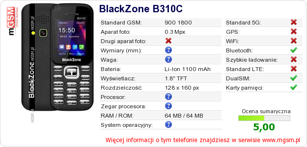 Dane telefonu BlackZone B310C