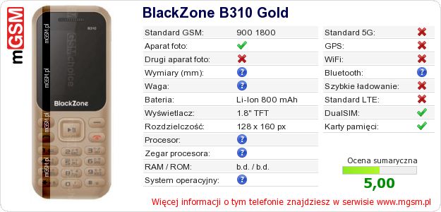 Dane telefonu BlackZone B310 Gold