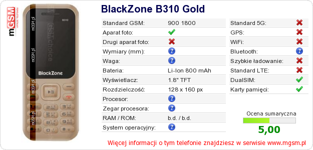 Dane telefonu BlackZone B310 Gold