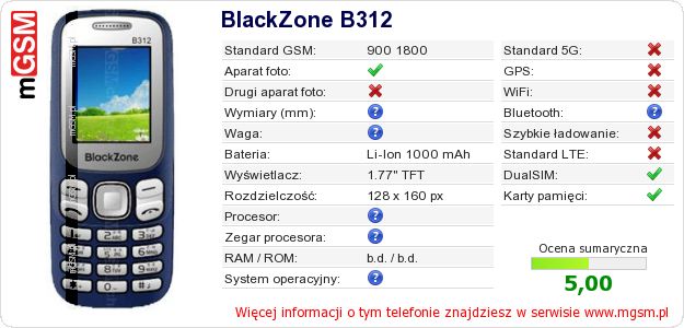 Dane telefonu BlackZone B312 Dane telefonu BlackZone B312