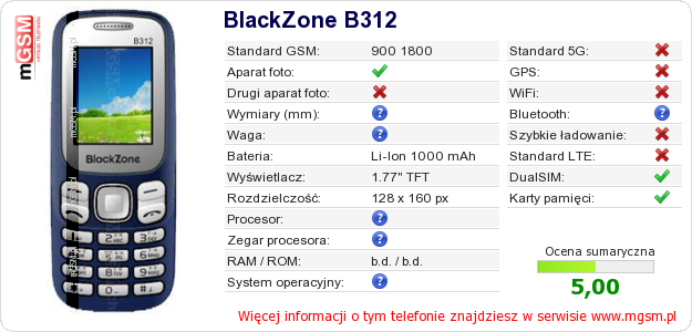 Dane telefonu BlackZone B312