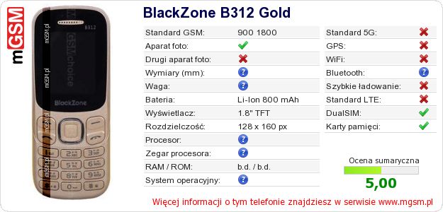 Dane telefonu BlackZone B312 Gold Dane telefonu BlackZone B312 Gold
