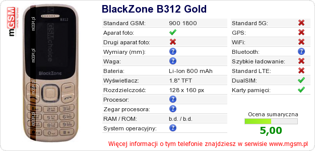 Dane telefonu BlackZone B312 Gold