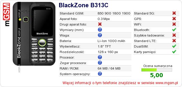 Dane telefonu BlackZone B313C