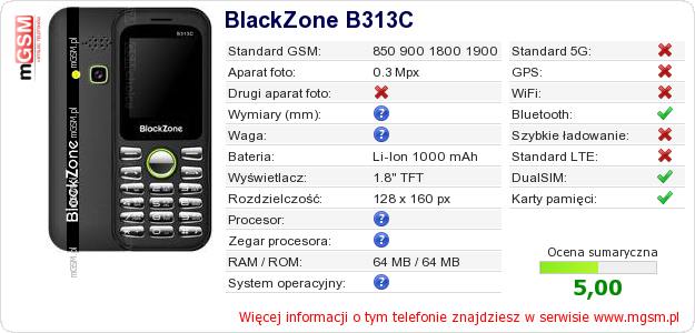 Dane telefonu BlackZone B313C