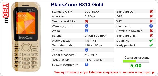 Dane telefonu BlackZone B313 Gold