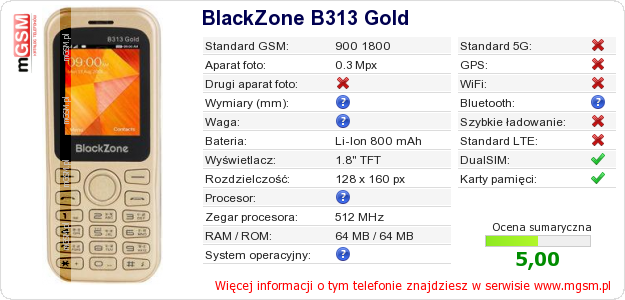 Dane telefonu BlackZone B313 Gold
