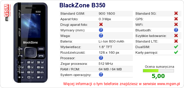 Dane telefonu BlackZone B350