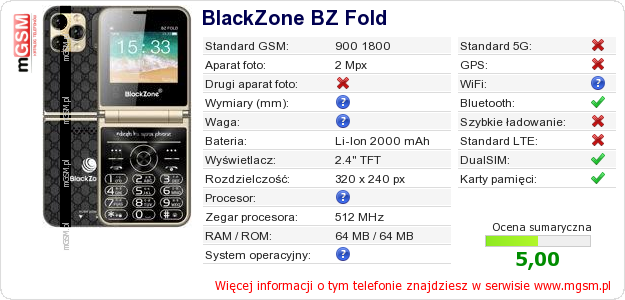Dane telefonu BlackZone BZ Fold Dane telefonu BlackZone BZ Fold