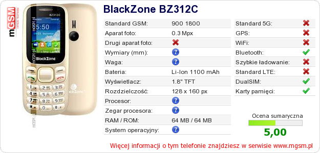 Dane telefonu BlackZone BZ312C