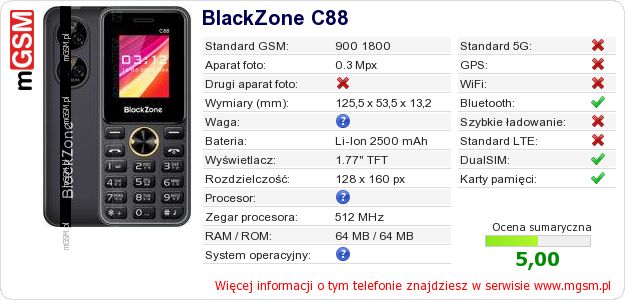 Dane telefonu BlackZone C88 Dane telefonu BlackZone C88
