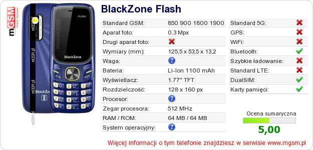 Dane telefonu BlackZone Flash