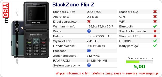 Dane telefonu BlackZone Flip Z