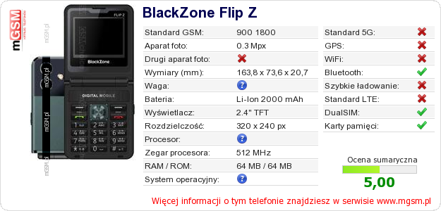 Dane telefonu BlackZone Flip Z