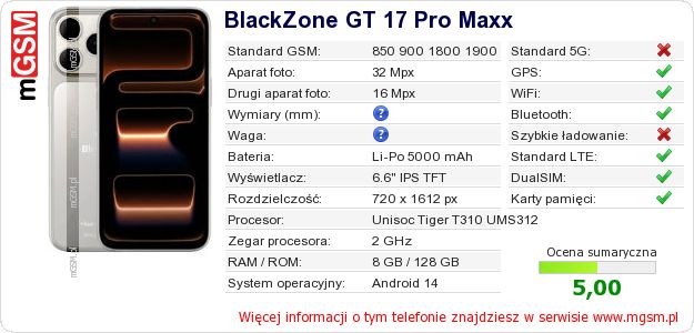 Dane telefonu BlackZone GT 17 Pro Maxx Dane telefonu BlackZone GT 17 Pro Maxx