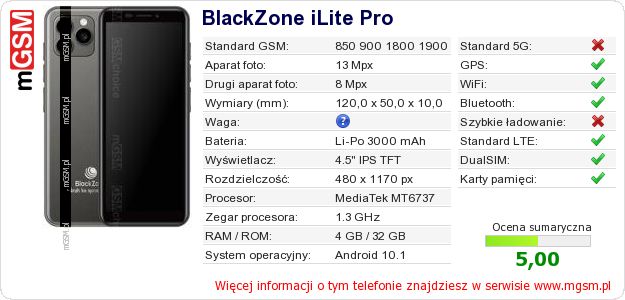 Dane telefonu BlackZone iLite Pro