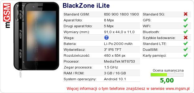 Dane telefonu BlackZone iLite Dane telefonu BlackZone iLite