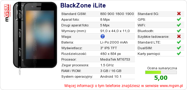 Dane telefonu BlackZone iLite Dane telefonu BlackZone iLite