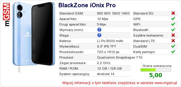 Dane telefonu BlackZone iOnix Pro