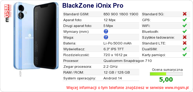 Dane telefonu BlackZone iOnix Pro Dane telefonu BlackZone iOnix Pro