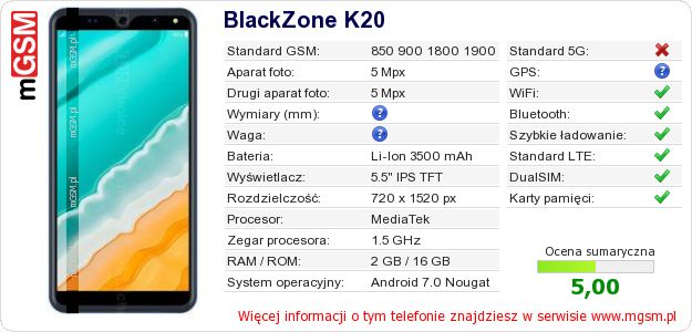 Dane telefonu BlackZone K20 Dane telefonu BlackZone K20