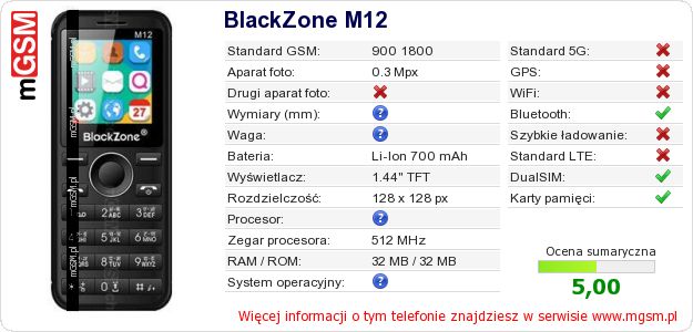 Dane telefonu BlackZone M12 Dane telefonu BlackZone M12