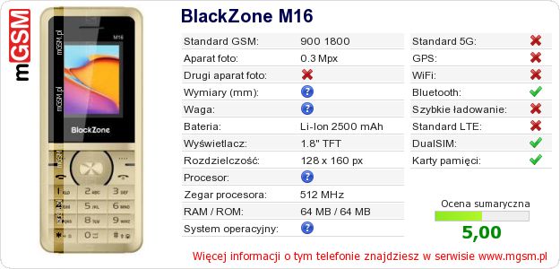 Dane telefonu BlackZone M16 Dane telefonu BlackZone M16