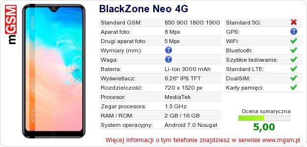 Dane telefonu BlackZone Neo 4G Dane telefonu BlackZone Neo 4G
