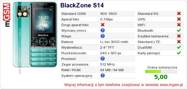 Dane telefonu BlackZone S14 Dane telefonu BlackZone S14