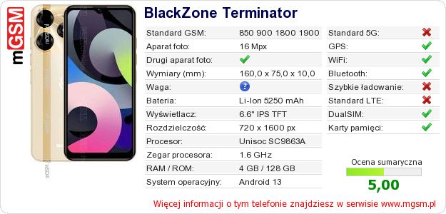 Dane telefonu BlackZone Terminator Dane telefonu BlackZone Terminator
