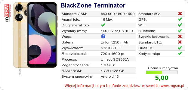 Dane telefonu BlackZone Terminator
