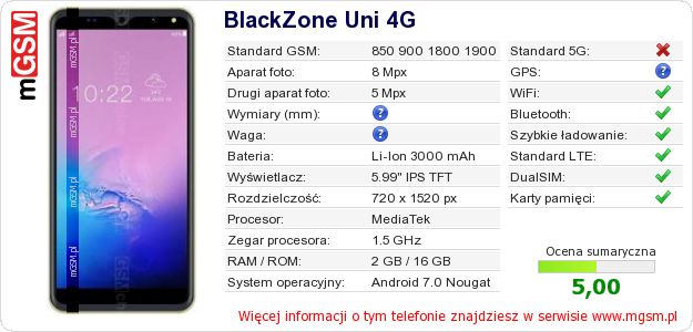 Dane telefonu BlackZone Uni 4G Dane telefonu BlackZone Uni 4G