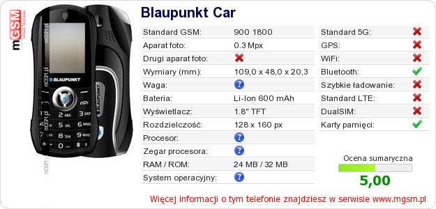 Dane telefonu Blaupunkt Car