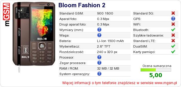 Dane telefonu Bloom Fashion 2