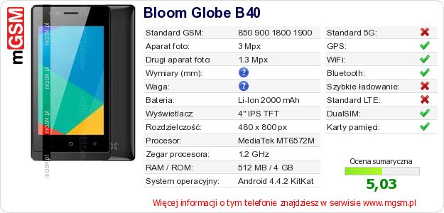 Dane telefonu Bloom Globe B40